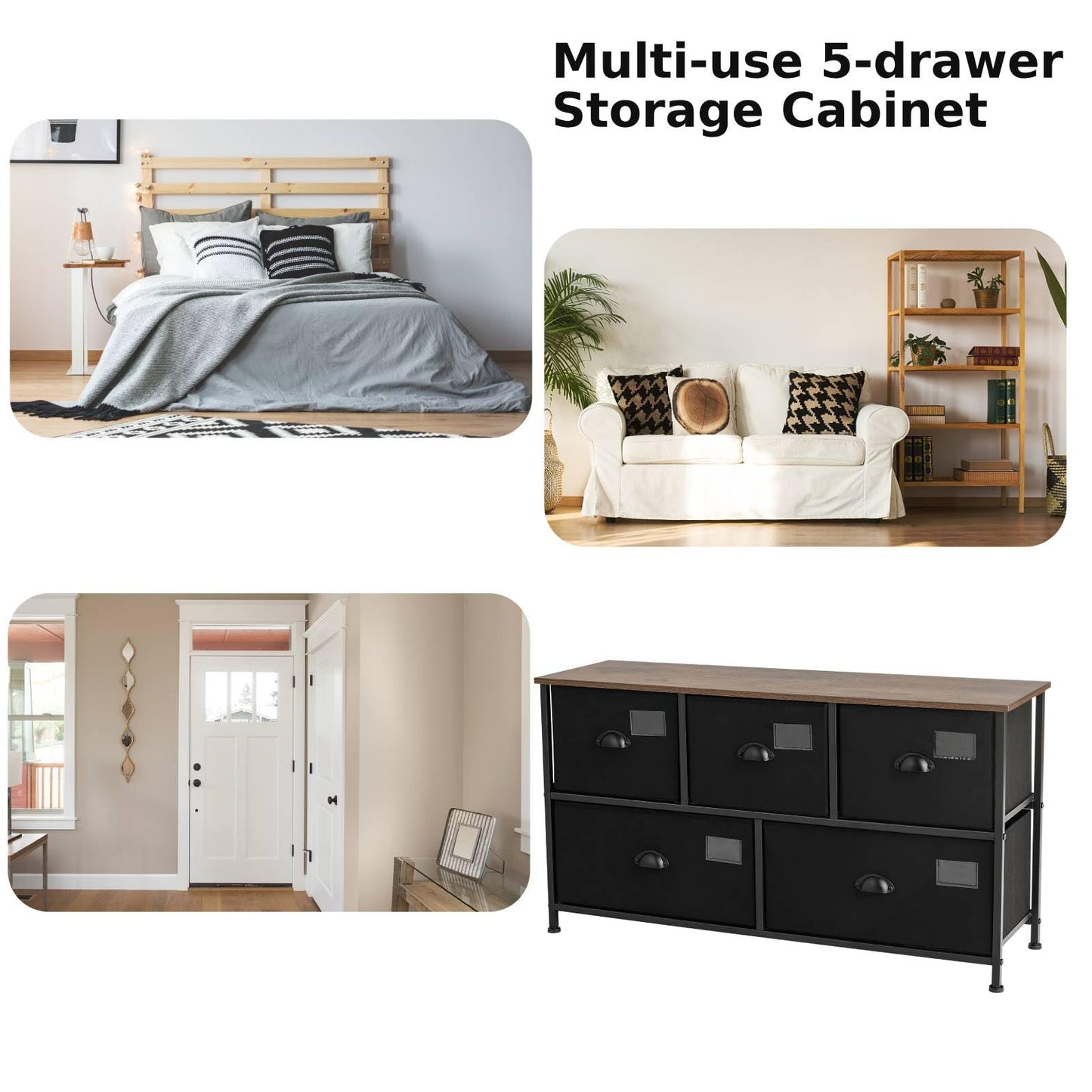 5-Drawer Storage Dresser with Labels and Removable Fabric Bins