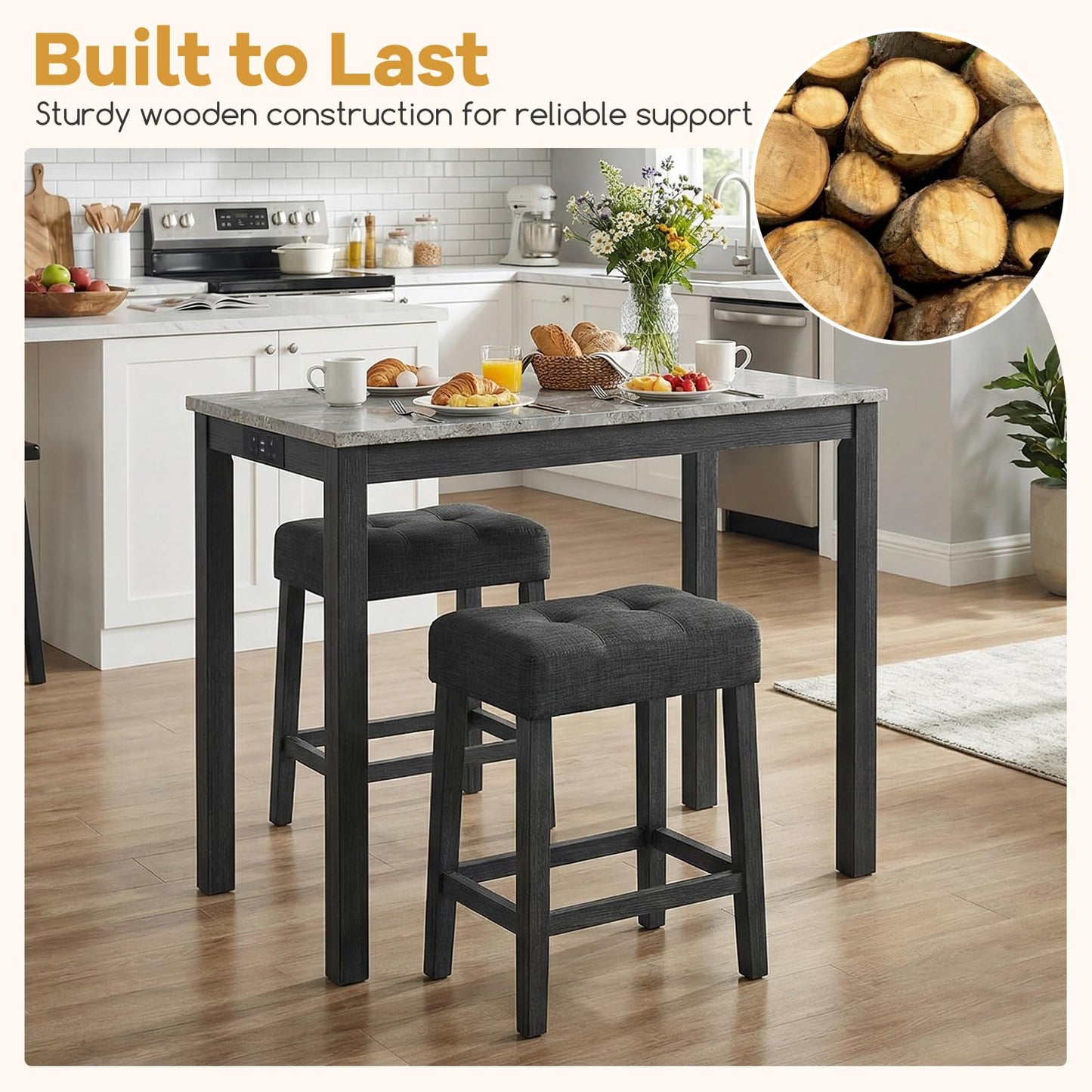 Bar Table Set with 2 Stools, 3 Pieces Breakfast Bar Set with Power Outlets