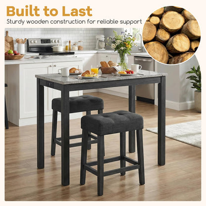 Bar Table Set with 2 Stools, 3 Pieces Breakfast Bar Set with Power Outlets