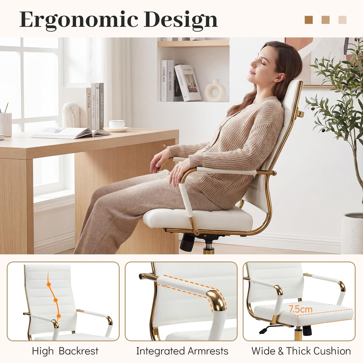 White Gold Office Chair with Ribbed PU Leather & Adjustable Backrest for Indoor