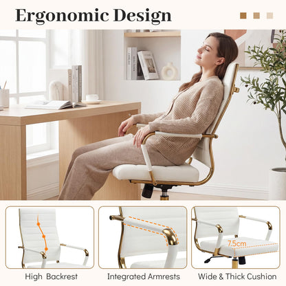 White Gold Office Chair with Ribbed PU Leather & Adjustable Backrest for Indoor
