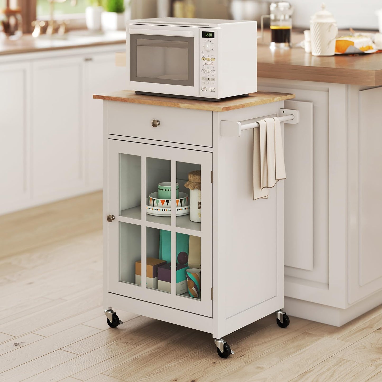 65 CM Kitchen Island Cart Rolling Kitchen Cabinet with Rubber Wood Tabletop