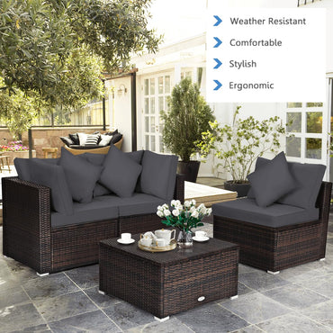 4 Pieces Outdoor Rattan Conversation Set with Removable Cushions and Pillows