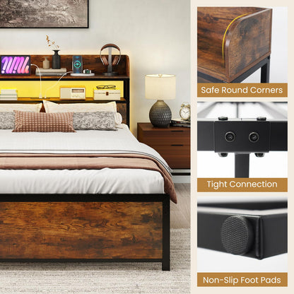 Double Bed Frame with LED Lights and Power Outlets with Storage Headboard