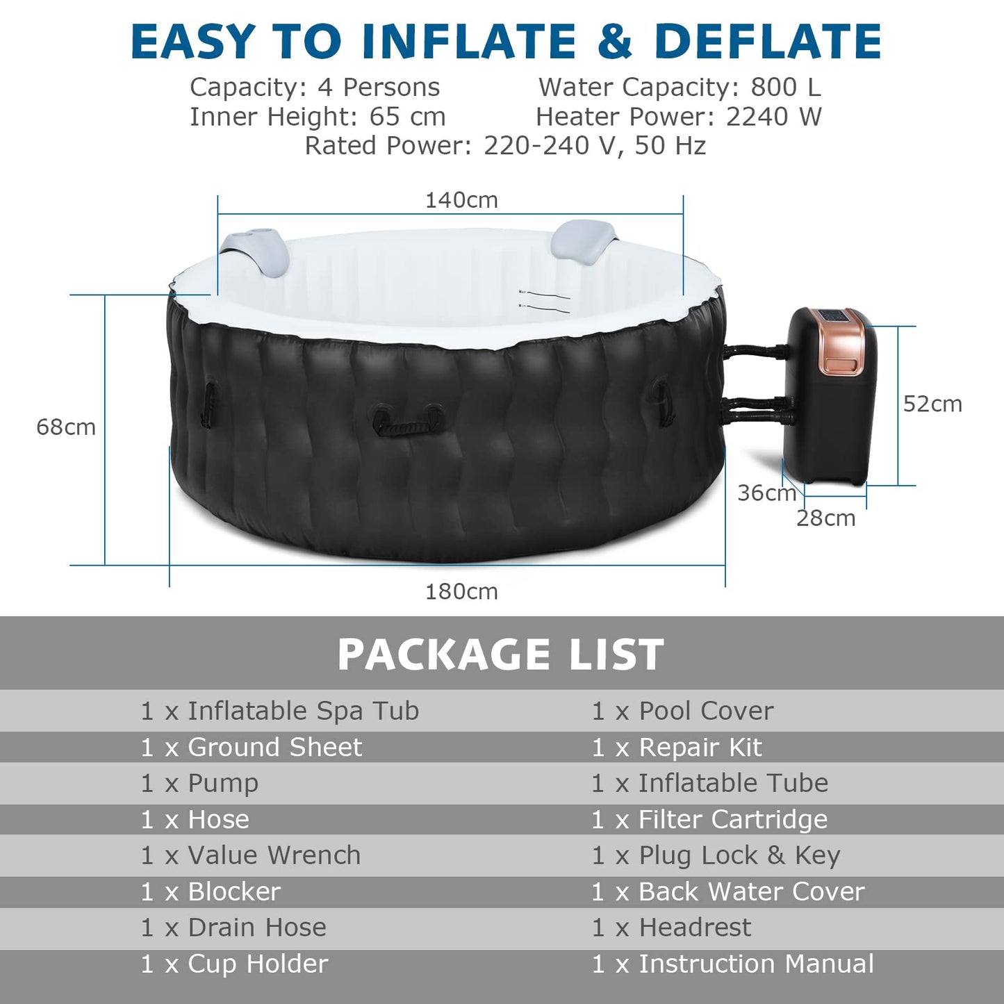 4-6 Person 108 Bubble Jets Outdoor Inflatable Hot Tubs with Headrest