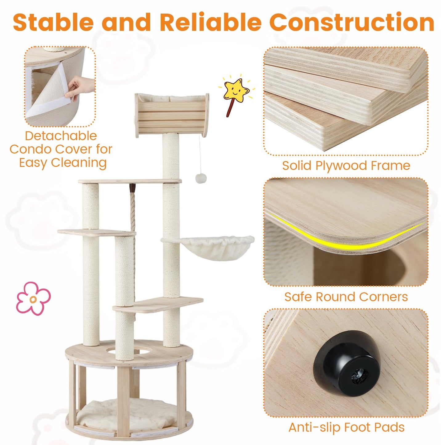 141cm Tall Wooden Cat Tree for Indoor Cats Solid Plywood Multi-Level Kitten Tower