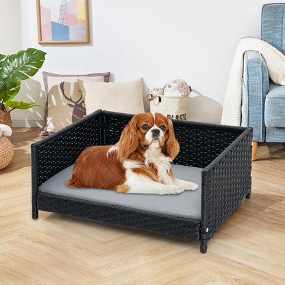 Handwoven Wicker Pet Bed Sofa Couch with Metal Frame and Cushion