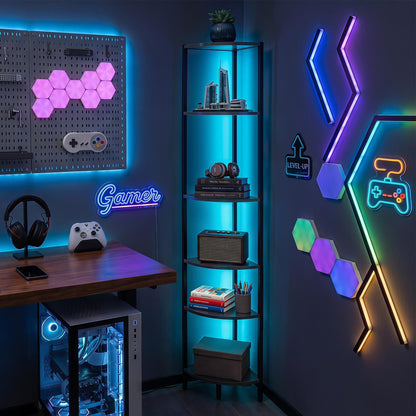 6-Tier Corner Shelf with LED Lights, 172cm Tall Bookshelf