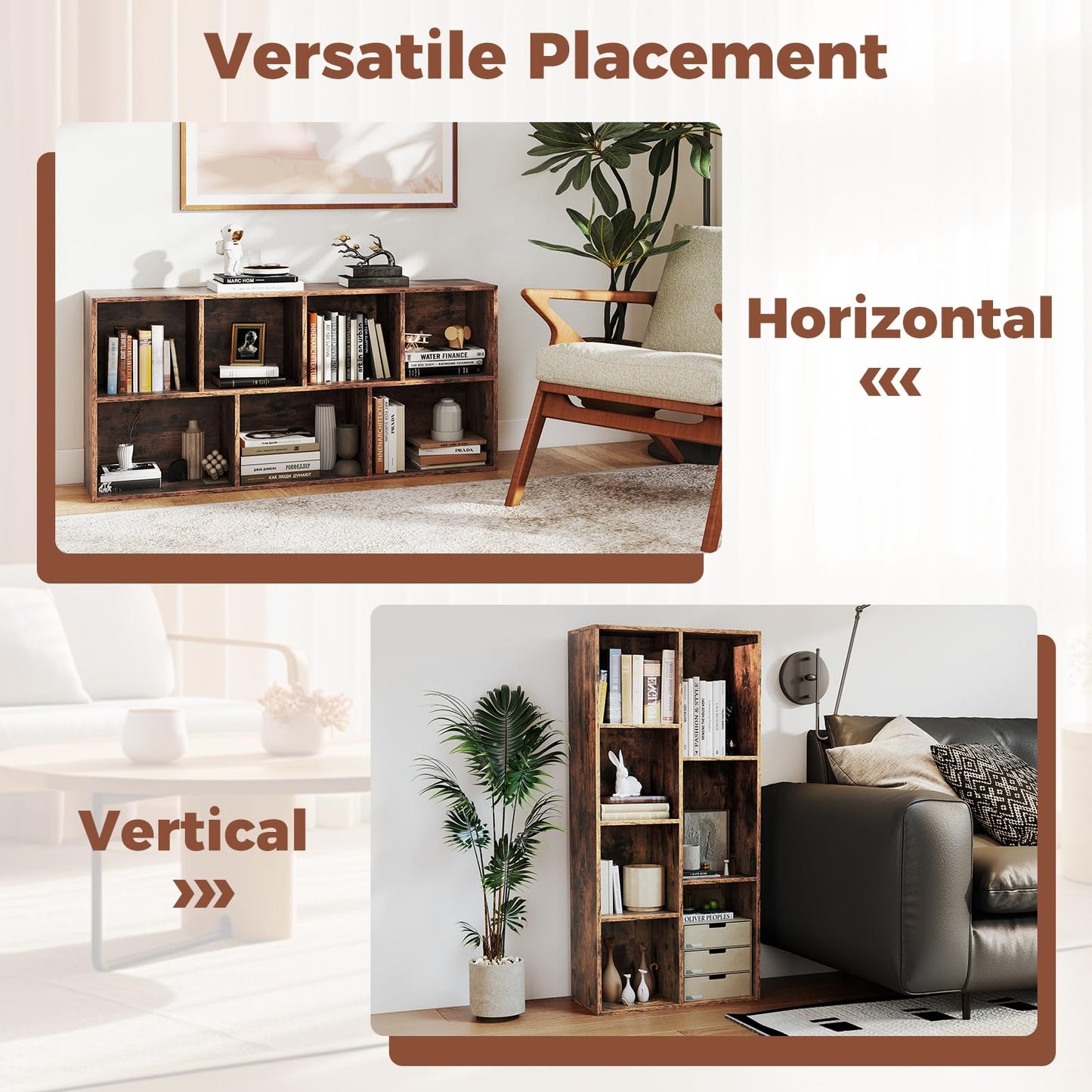 Vertical or Horizontal Freestanding Bookshelf with 7 Compartments