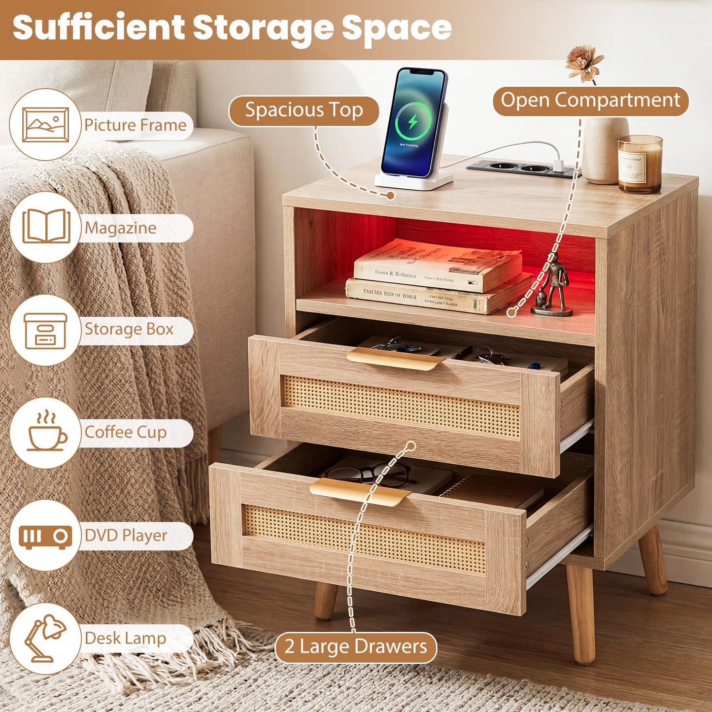 Rattan Bedside Table with Charging Station and LED Lights