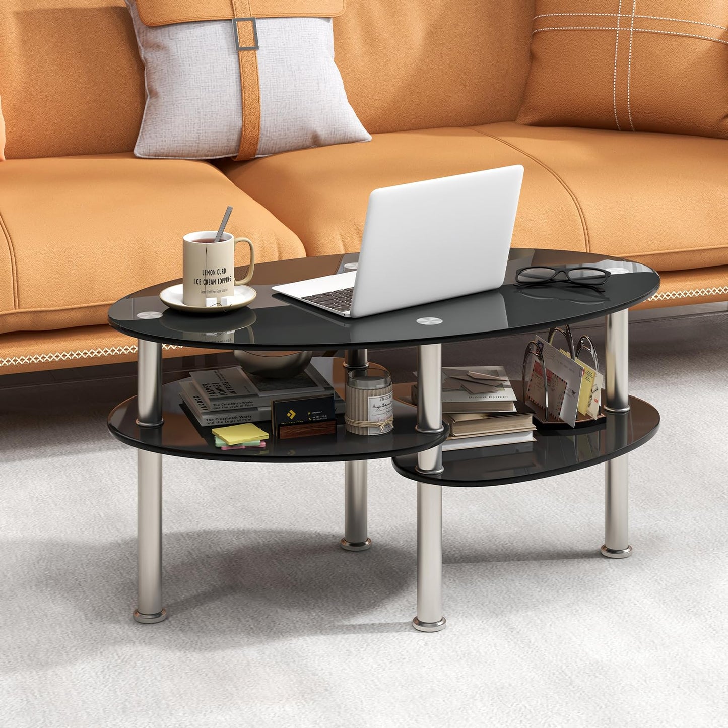 3-Tiers Tempered Glass Coffee Tables with 2 Shelves