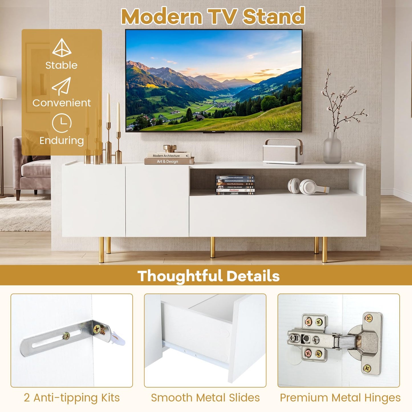 Modern Entertainment Center with 2 Doors Drawer and 5 Metal Legs