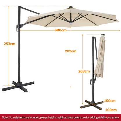 3m Garden Parasol with with Solar-Powered LED & Winding Crank