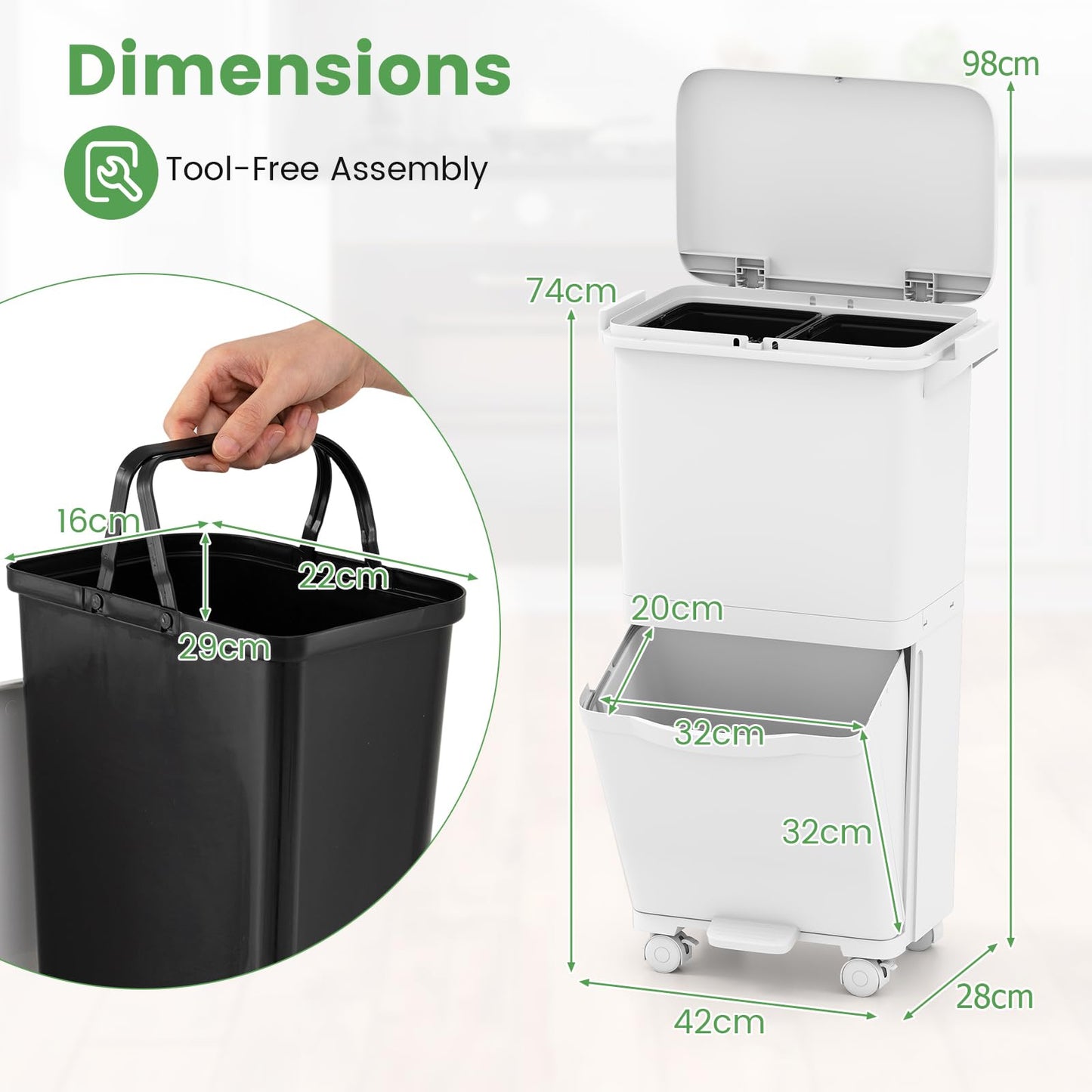 Trash Can with 2 Removable Bins and Tilting Compartment
