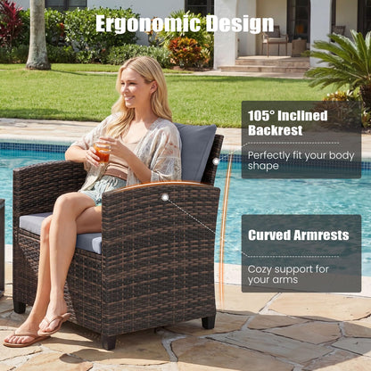 3 Pieces PE Rattan Wicker Outdoor Bistro Conversation Set with Soft Cushions and Tempered Glass Coffee Table