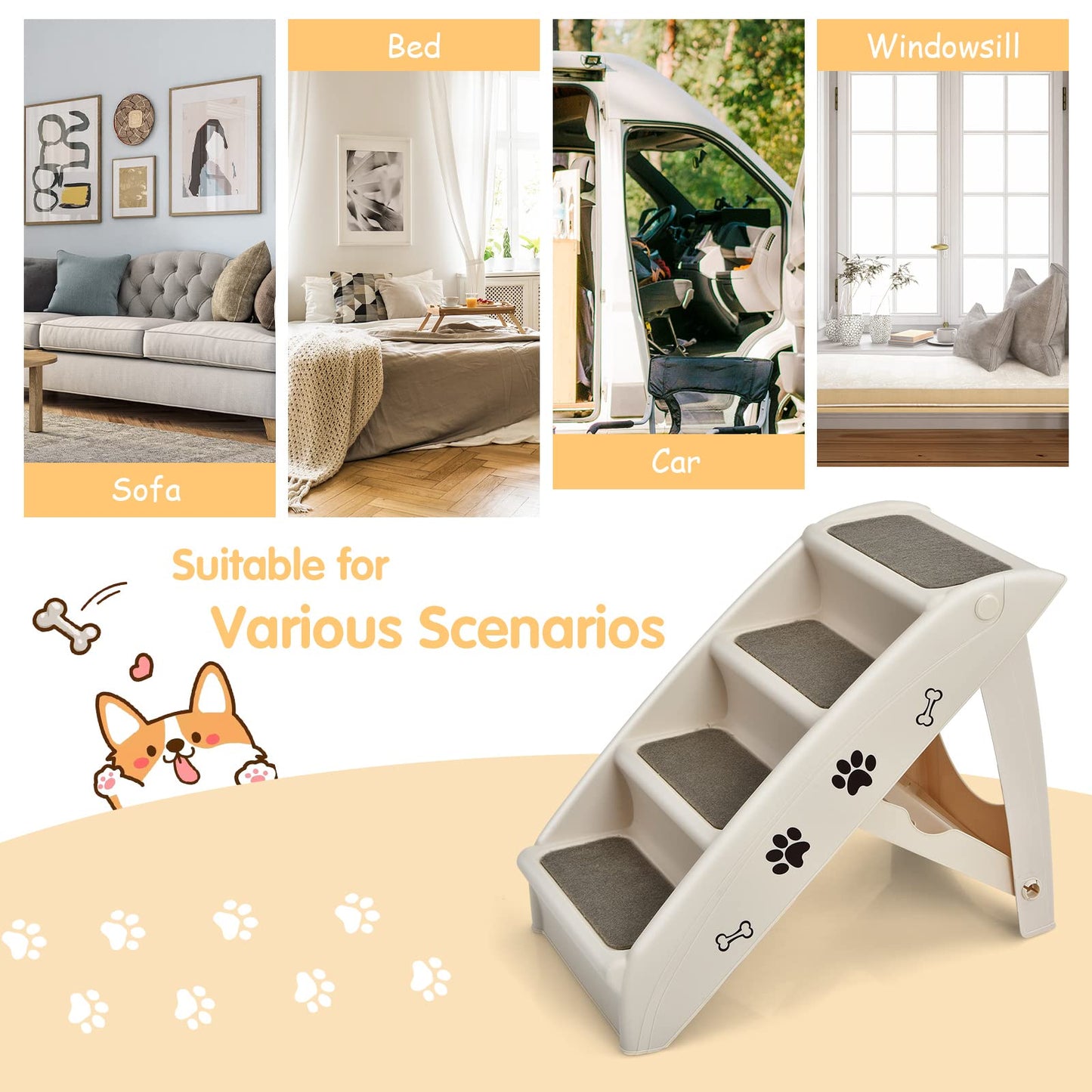 4 Steps Plastic Dog Stairs with Soft Felt