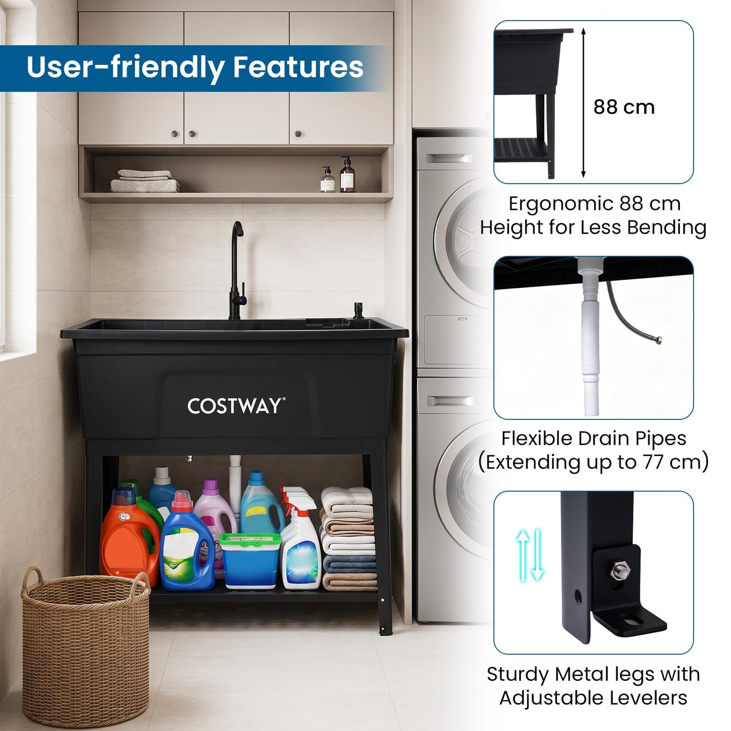 100L Kitchen Sink, Free Standing Catering Sink with Rotating Faucet