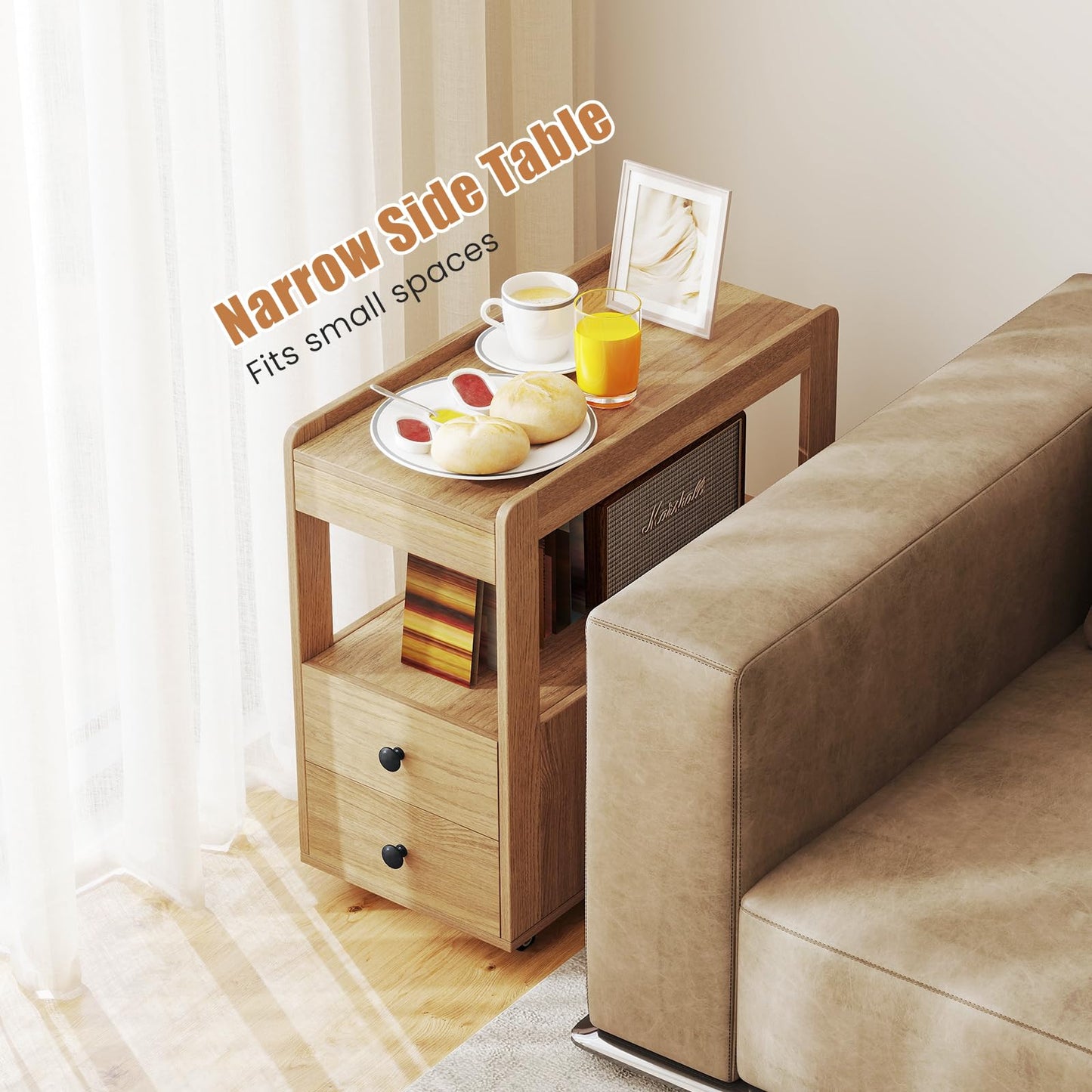 Narrow Bedside Table with 2 Drawers for Small Space
