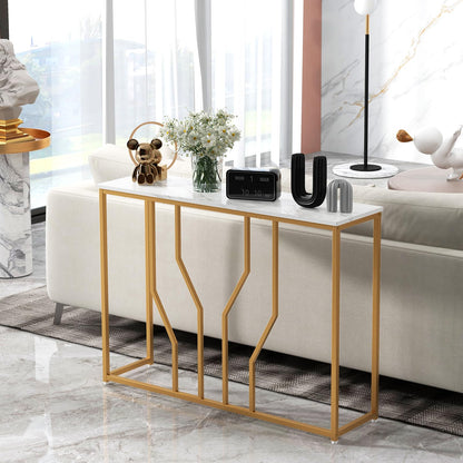 110 cm Gold Console Table Entryway Table with Faux Marble Tabletop