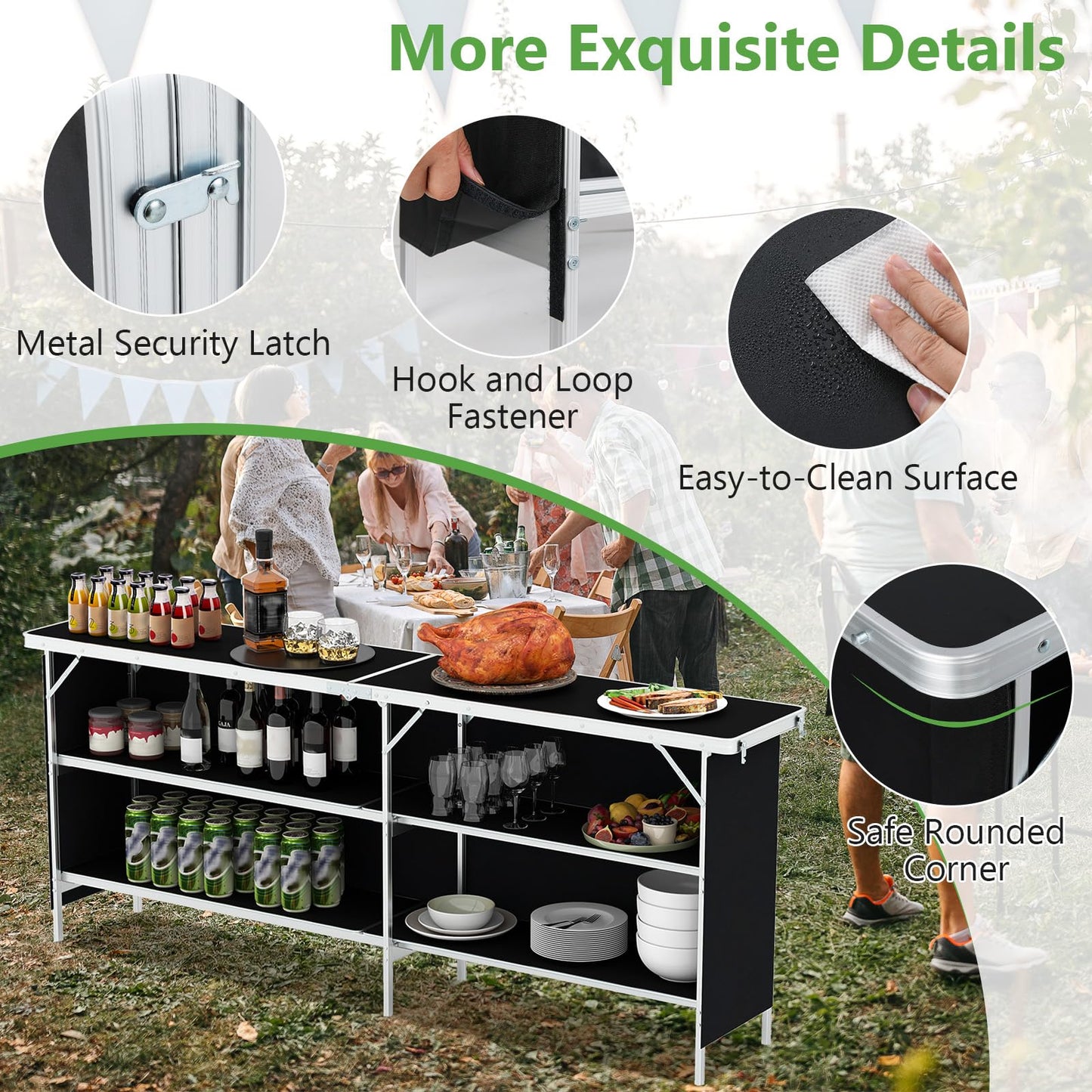 206cm Aluminum Portable Picnic Table with 2-Tier Open Shelves