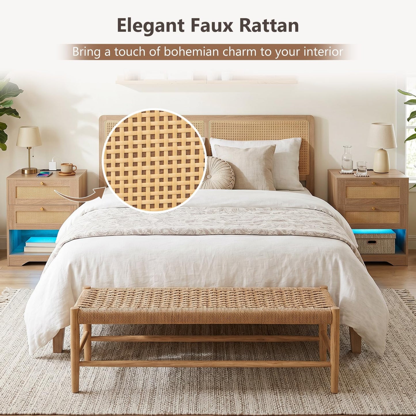 Rattan Bedside Table with Charging Station and LED Lights, Boho Nightstand End Sofa Side Table
