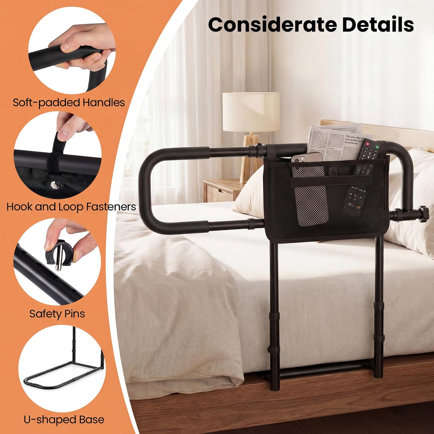 Foldable Bed Rail for Seniors with Adjustable Width and Height