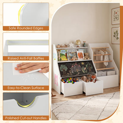 Toy Storage Organizer with Flip-up Blackboard and Movable Drawers for Playroom