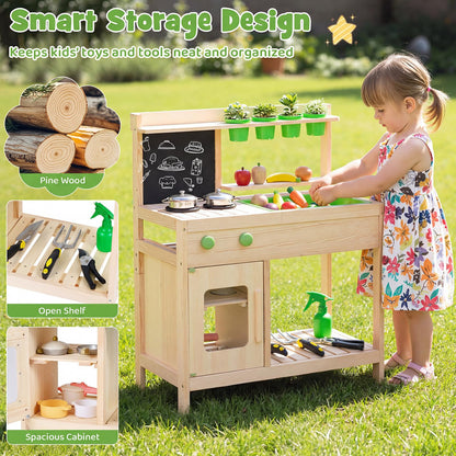 Kids Mud Kitchen Play Pretend Kitchen with Chalkboard Rotation Knobs and Cabinet