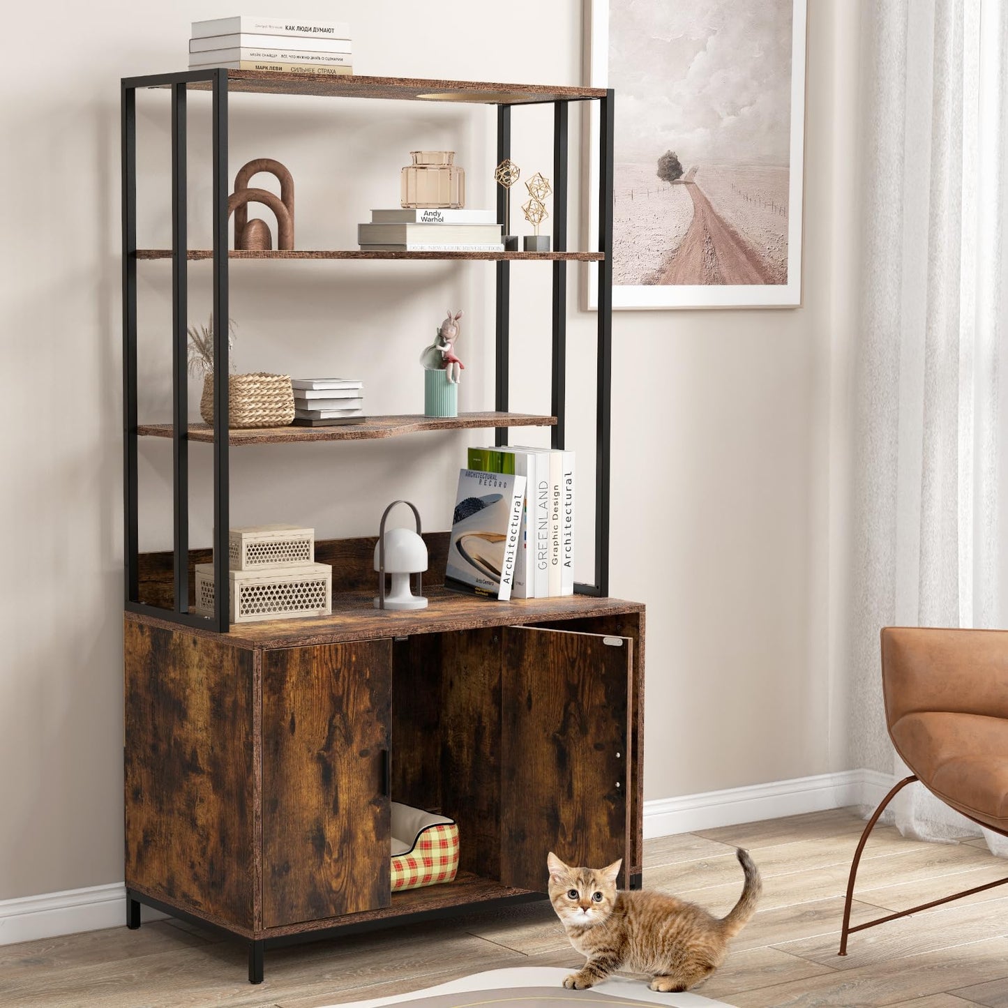 Cat Litter Box Enclosure with 3-tier Storage Shelves