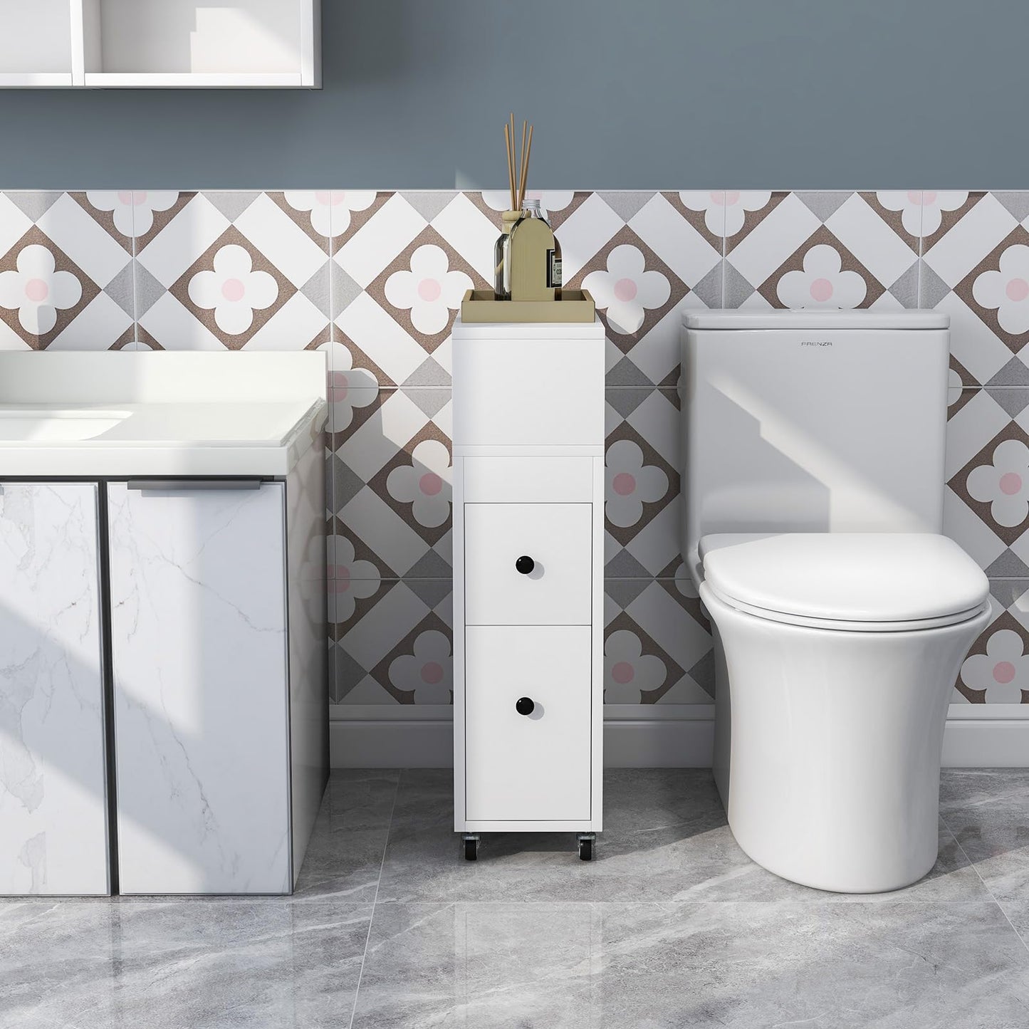 Mobile Narrow Bathroom Storage Unit with 2 Slide Out Drawers