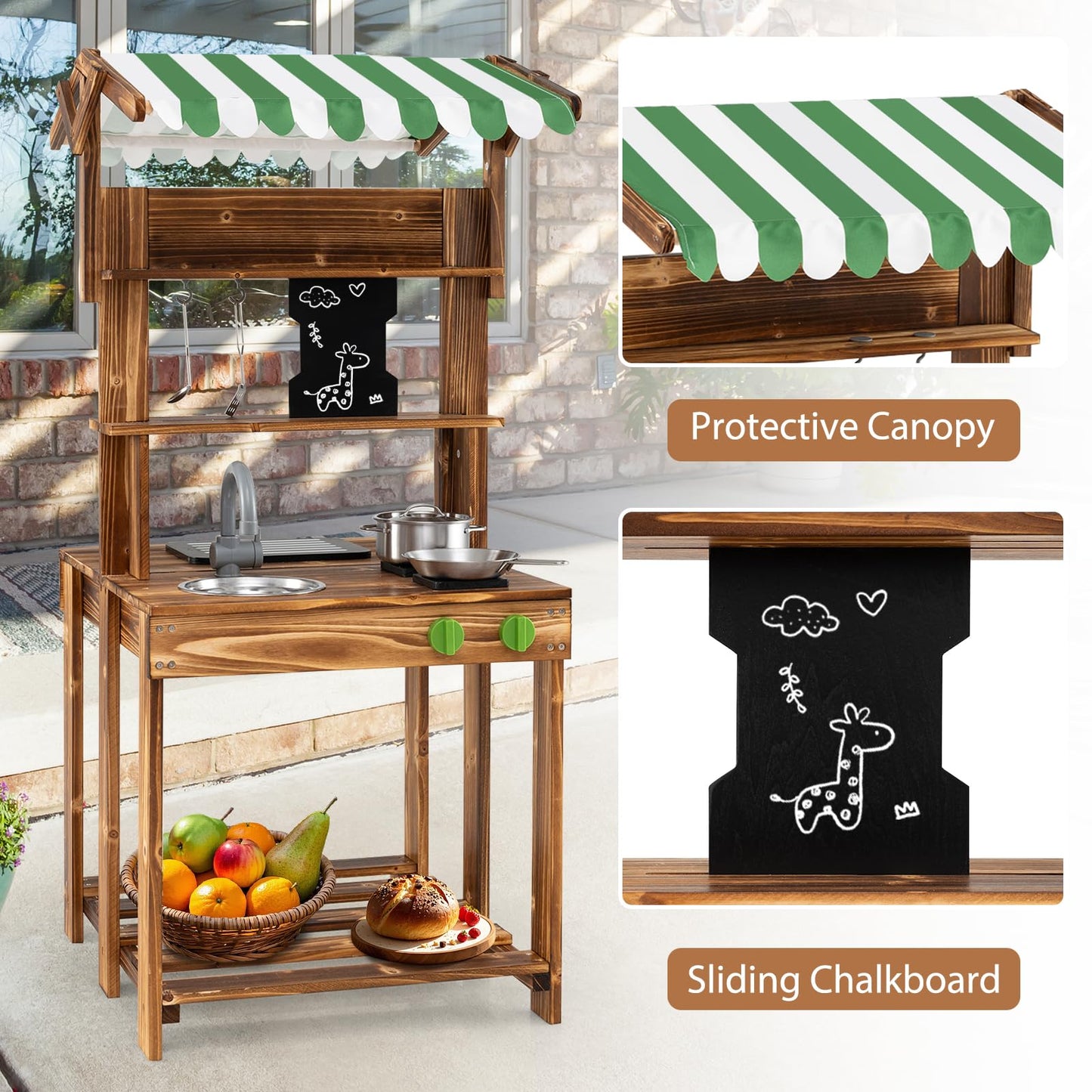 Outdoor Pretend Playset with Barbecue Grill Canopy Chalkboard
