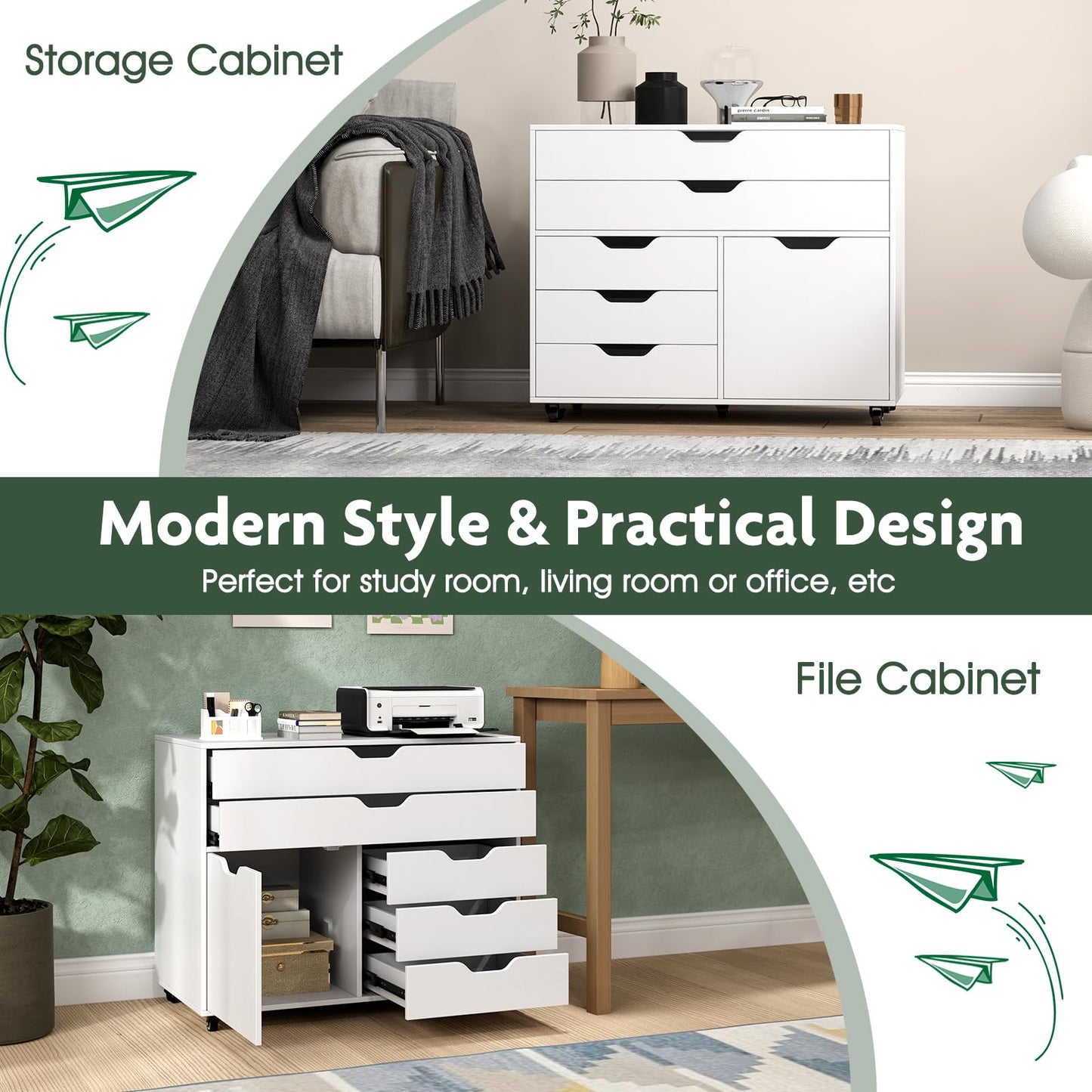 5-Drawer Chest with Door Mobile Chest of Drawers with 5 Casters