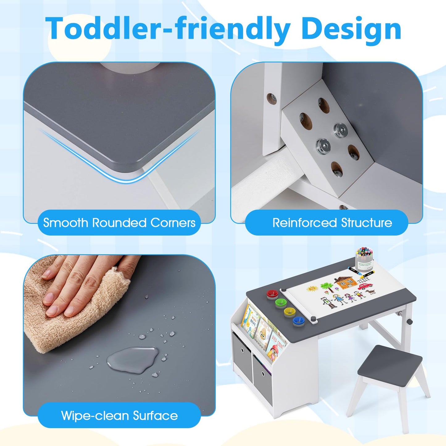 Kids Art Table and Stool Set, Toddler Craft Desk