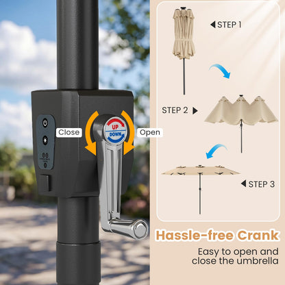 12 Heavy-Duty Ribs Extra Large Sun Umbrella with Lights & Crank Handle