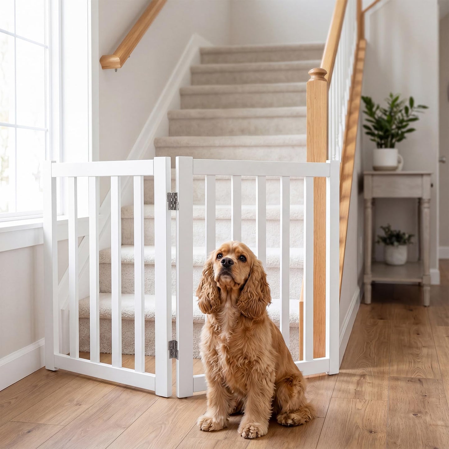 Foldable Pet Gate, Freestanding Wooden Puppy Barrier, Indoor Dog Safety Fence