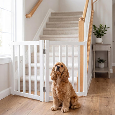 Foldable Pet Gate, Freestanding Wooden Puppy Barrier, Indoor Dog Safety Fence