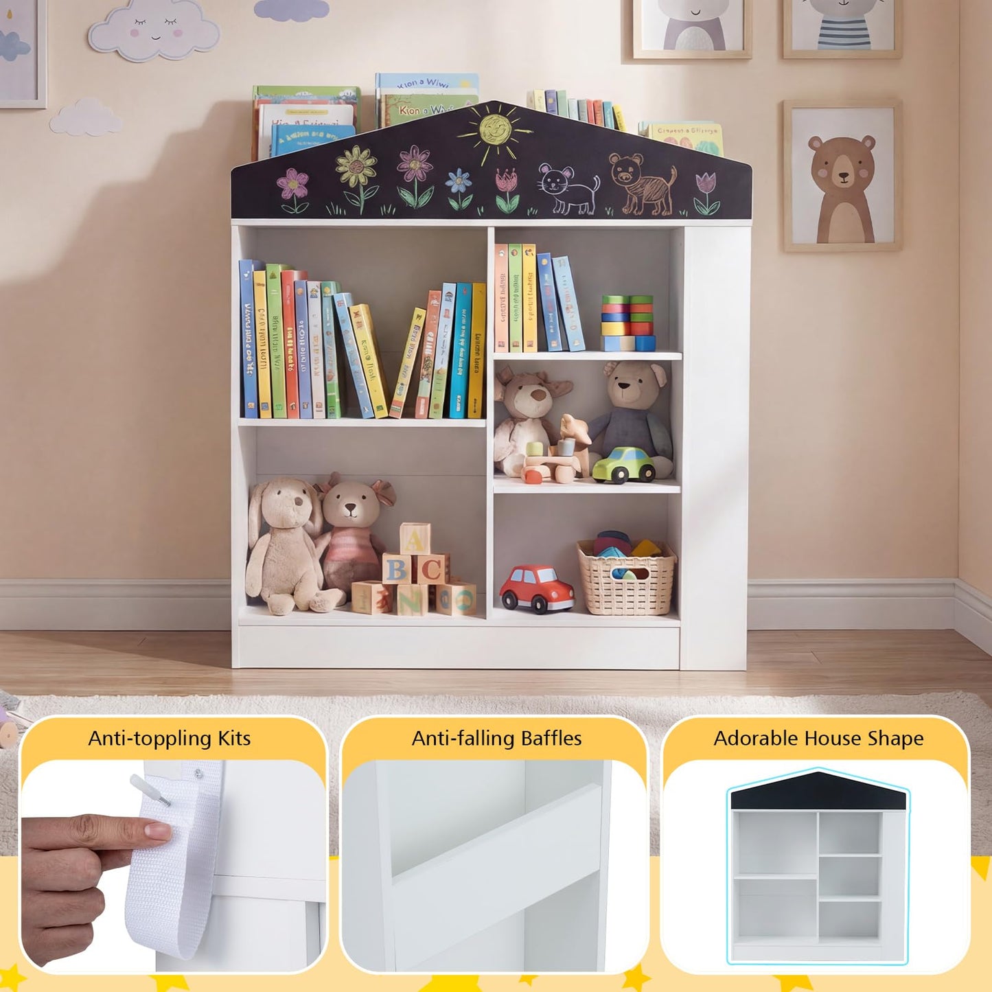 Wooden Book & Toy Storage Organizer, House Shaped Children Bookcase