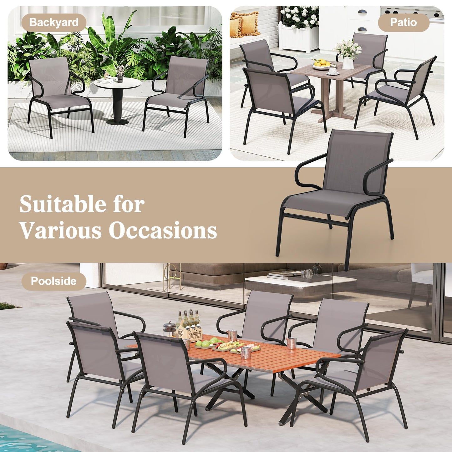 Outdoor Dining Chairs Set of 2 with Breathable Backrest & Seat and Armrests