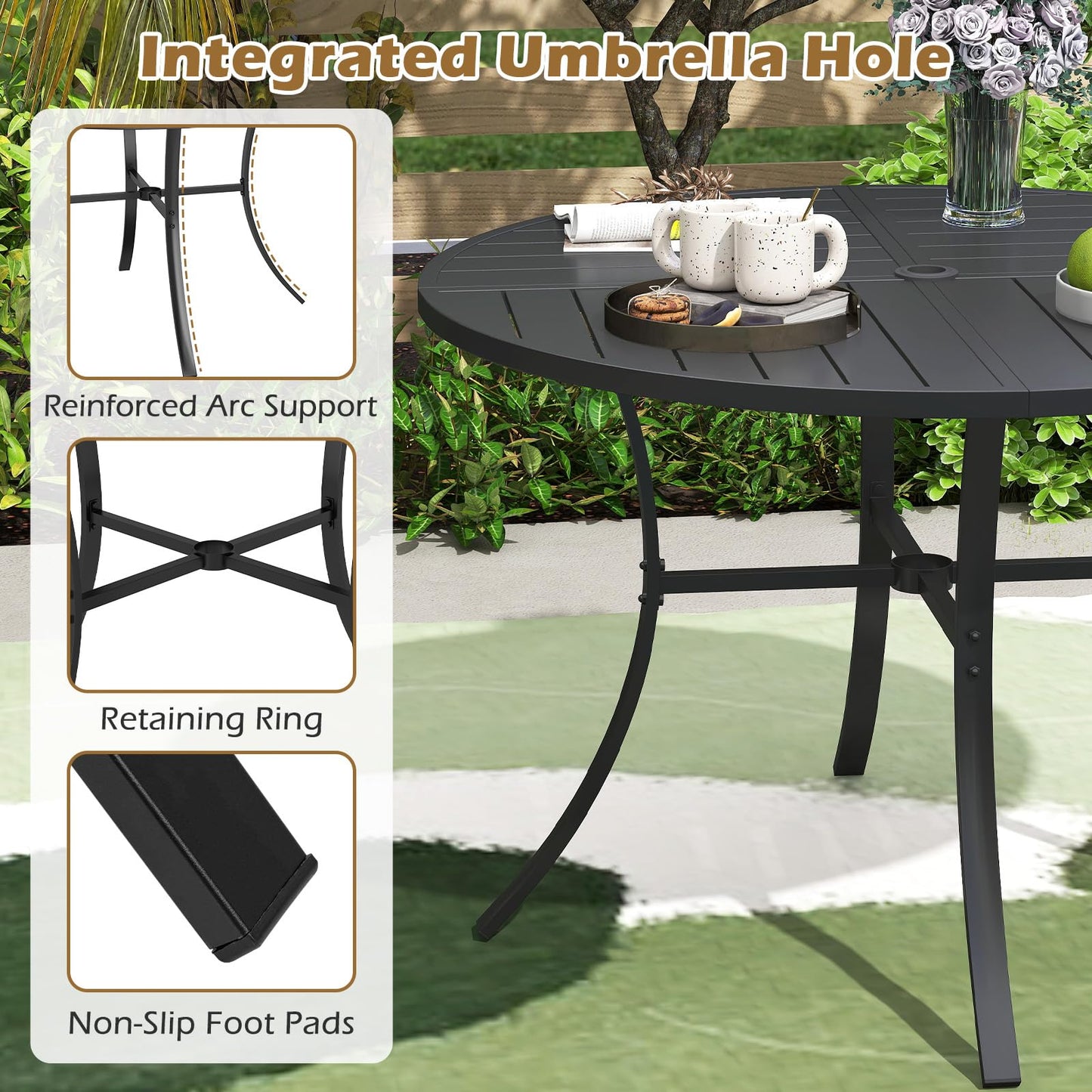 Patio Dining Table 108CM Round Metal Slat Table with Umbrella Hole