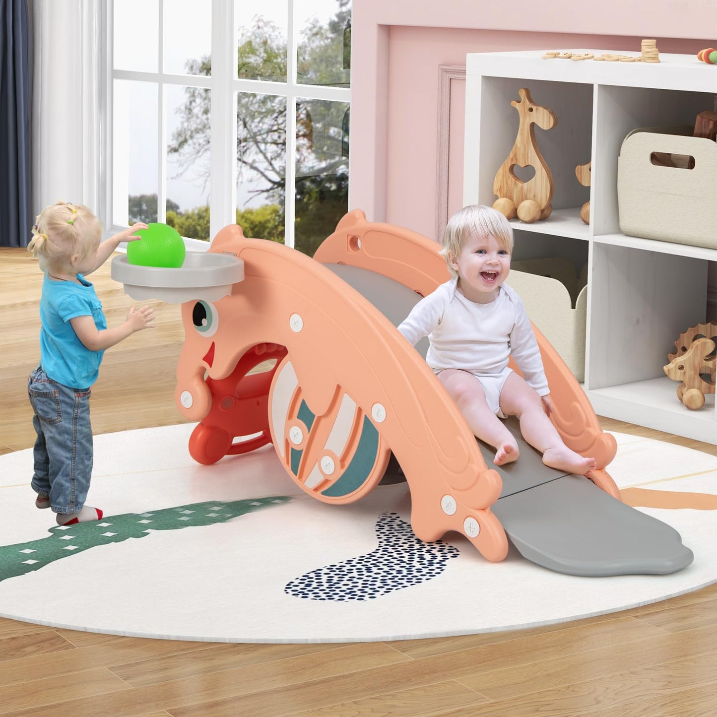 3-in-1 Kids Slide Rocking Horse Set Convertible with Basketball Hoop