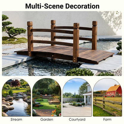 1.25M Wooden Garden Bridge, Decorative Pond Bridges with Safety Railings