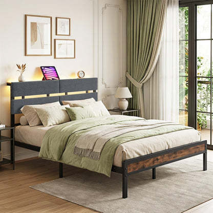 Double Bed Frame with LED Lights, Charging Station