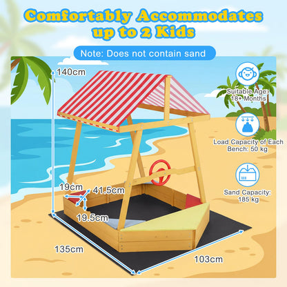 Wooden Kids Sandpit, Ship-Shaped Sandbox Sand Boat with Canopy, 4 Corner Seats