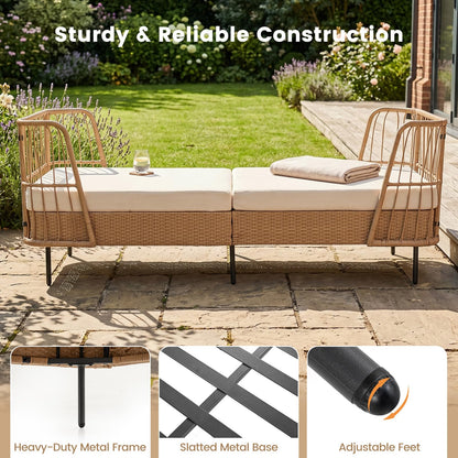 Garden Rattan Daybed, Patio Chaise Lounger Sun Bed with Cushions