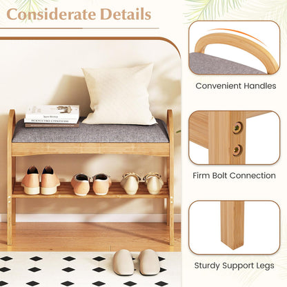 Bamboo Shoe Bench, 2-Tier Shoe Rack Organiser with Padded Seat Cushion and Shelf