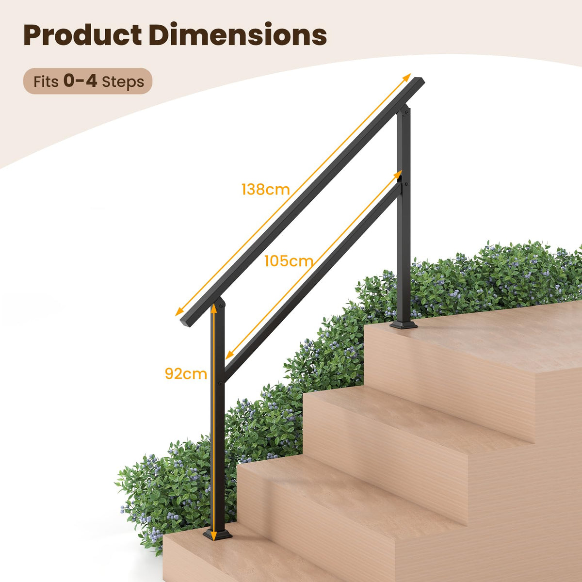 Handrail for Outdoor Steps Fits 4 Steps with Flexible Angle Adjustment