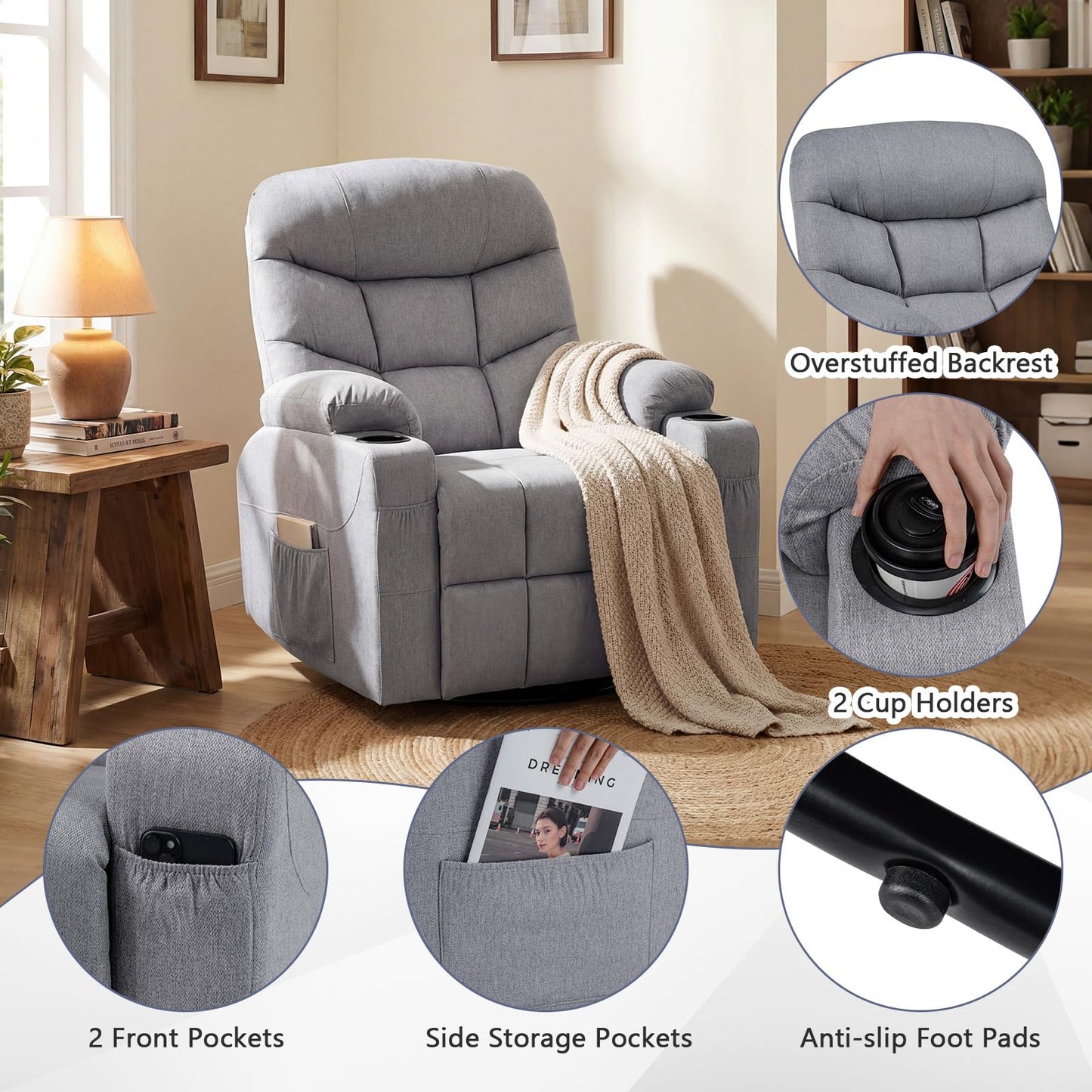Recliner Chair with Massage and Heat Nursery Rocking Chair with 360° Swivel Function