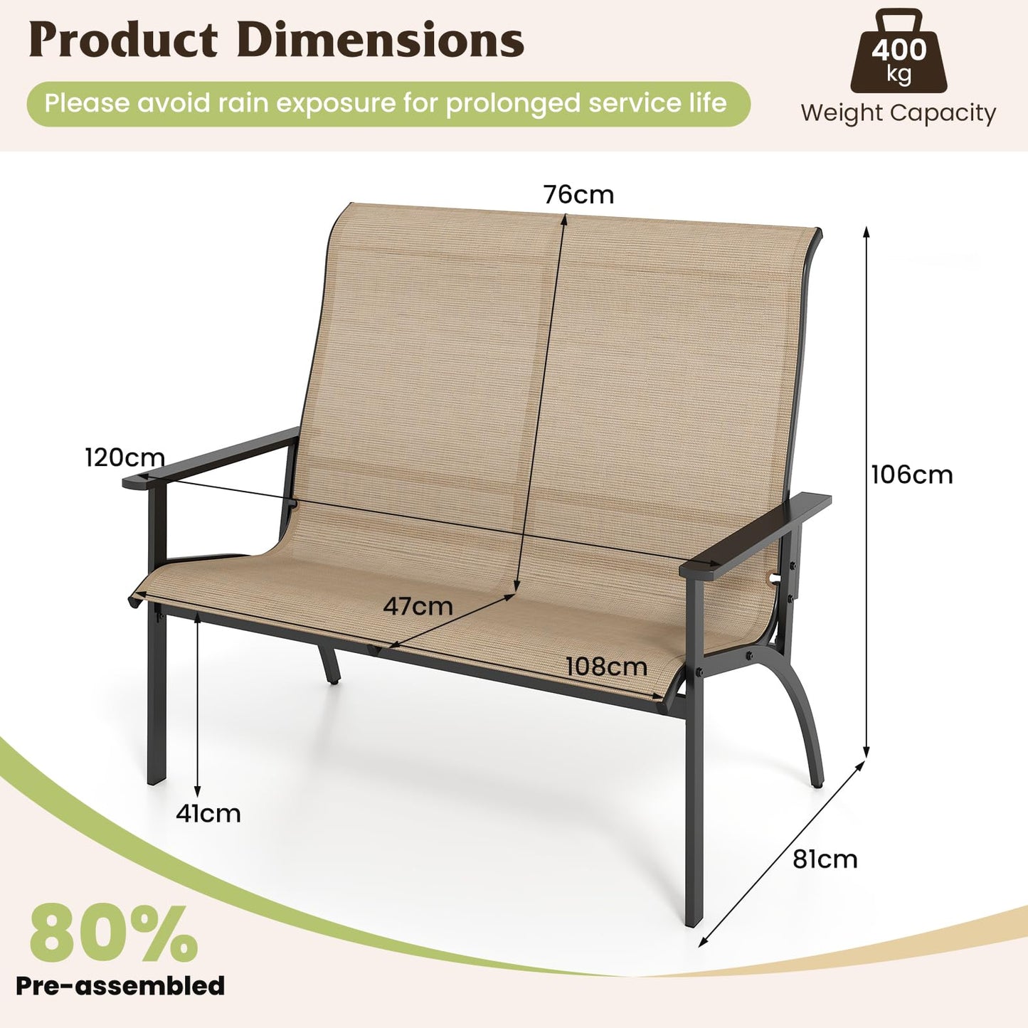 Outdoor Adirondack Bench Chair with High Back and Armrests
