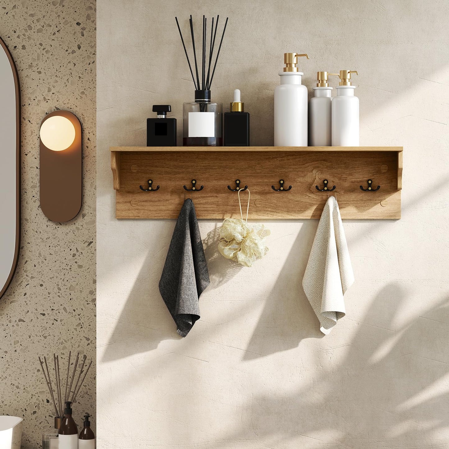 Wall-Mounted Coat Rack with Shelf, 80cm Wooden Wall Shelf Clothes Hanger
