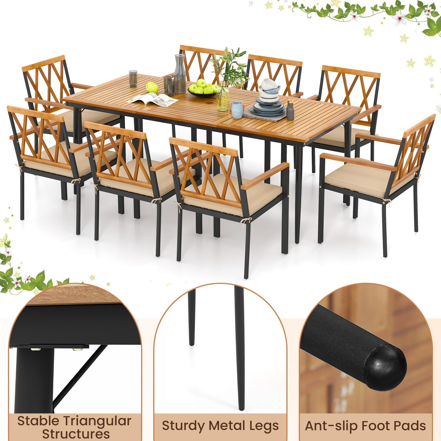 8-Seater 2m Acacia Wood Picnic Table with Slat Tabletop